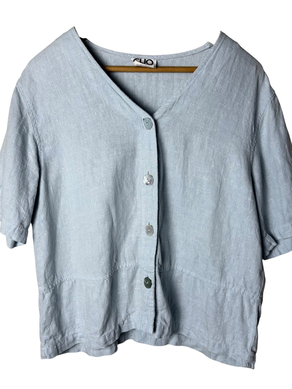Vintage 90s CLIO Blue Linen Button Front Top Made USA Medium